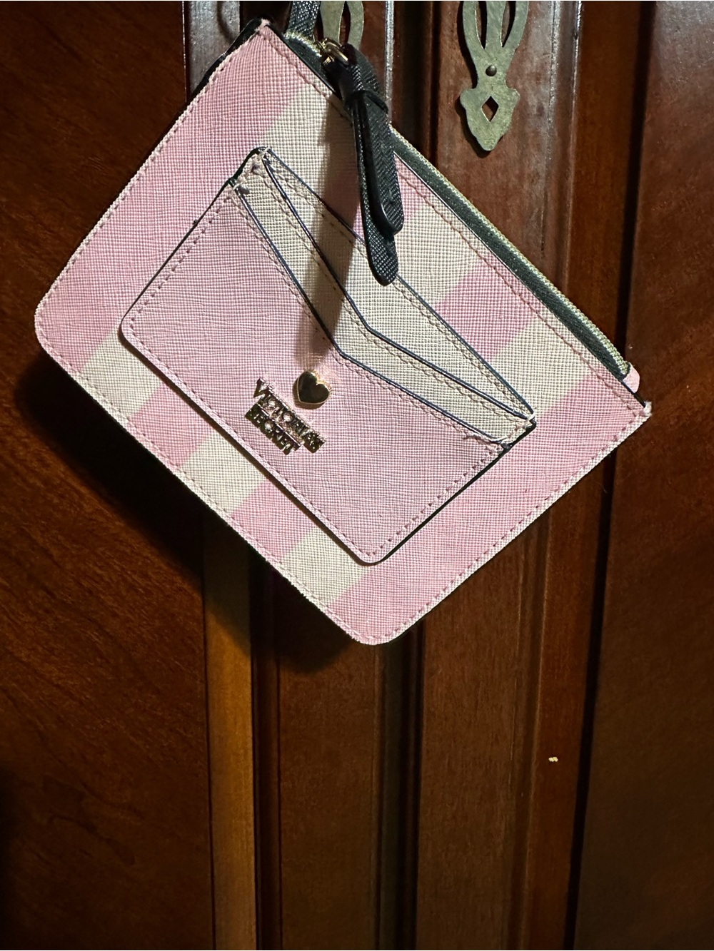 Victoria's Secret Pink and White Check Card Holder with Heart Charm